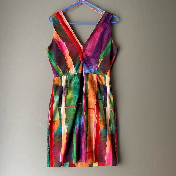 Leslie‎ Fay sz 6 multicolor abstract faux wrap sheath dress - Picture 6 of 8